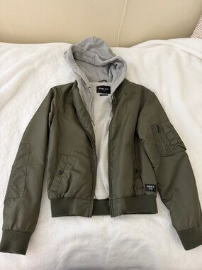 OBEY green bomber jacket with gray hood